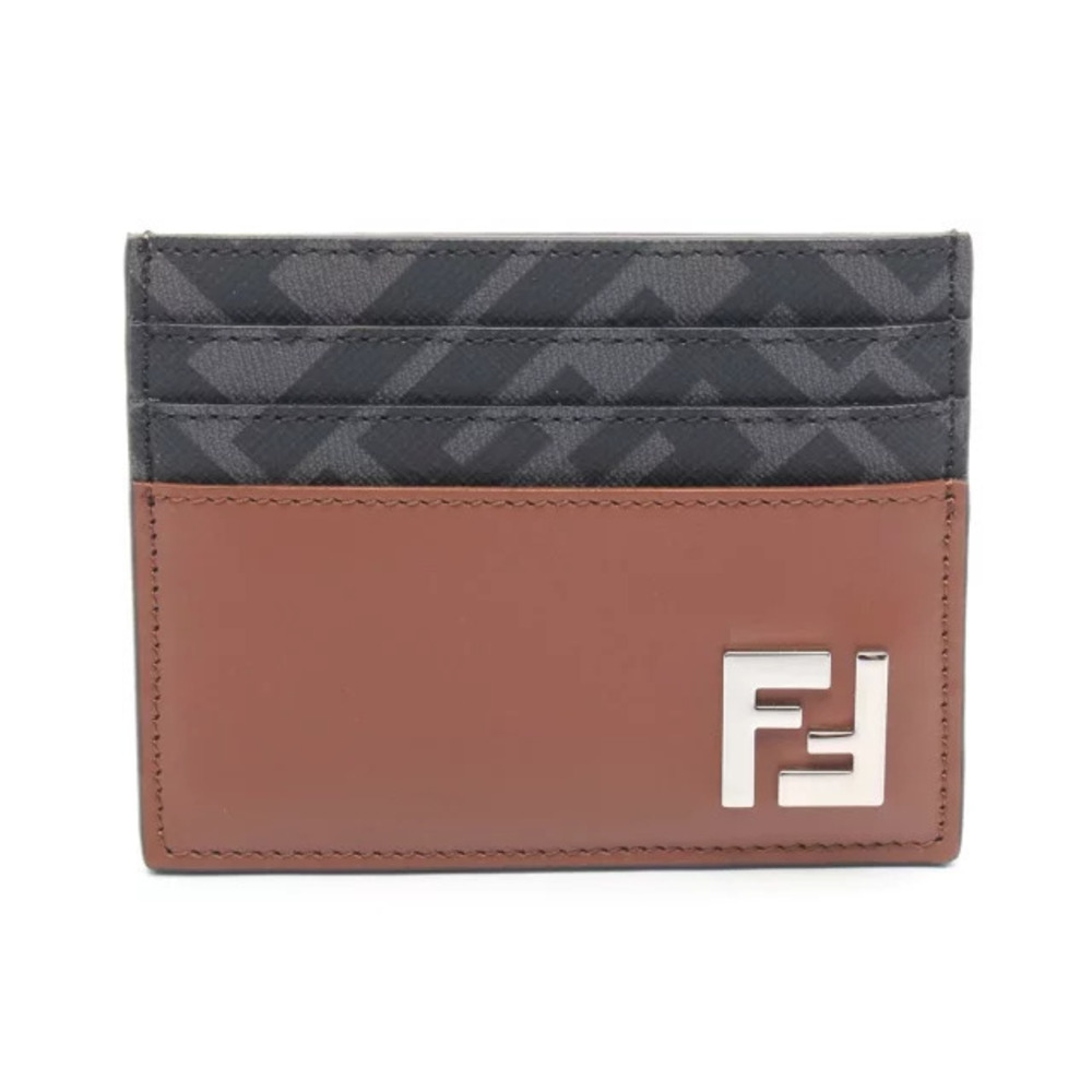 Fendi FF Square Card Case Wallet Leather Brown Black